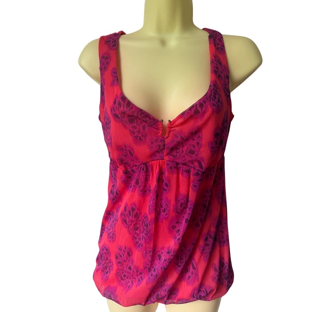 Y2K New York & Company Hot Pink Sleeveless Floral Bubble Blouse